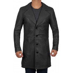 Mens 3/4 Length Black Wide Collar Leather Coat